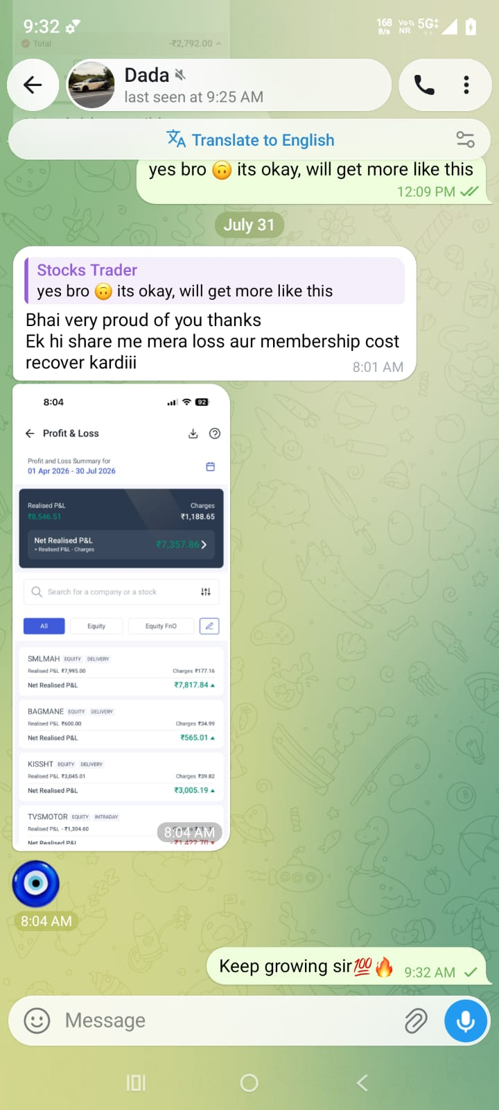 Client trading-result WhatsApp screenshot