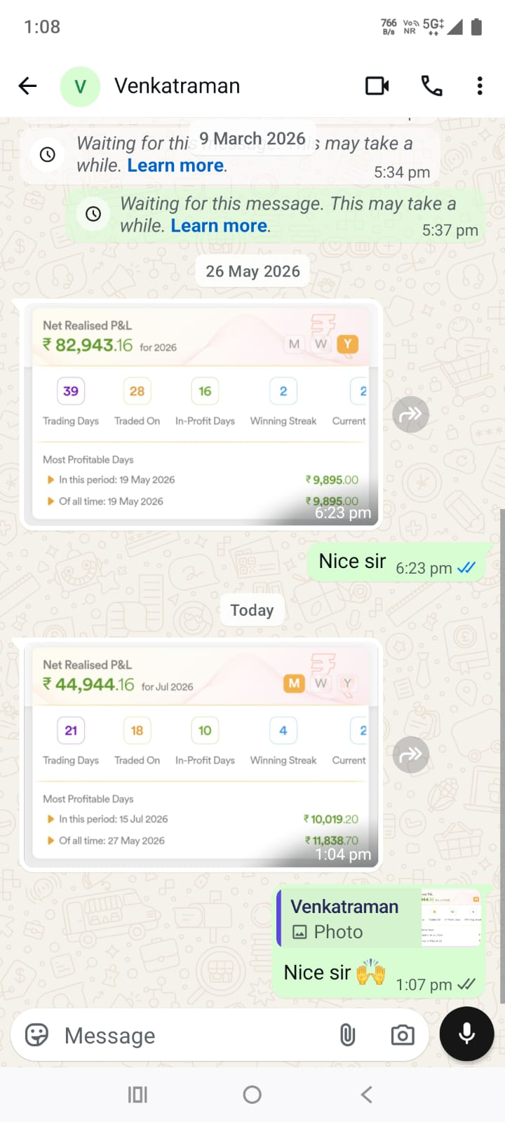 Client trading-result WhatsApp screenshot