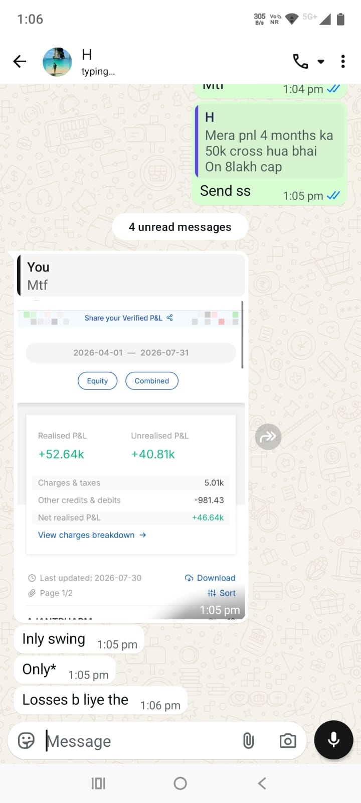 Client trading-result WhatsApp screenshot